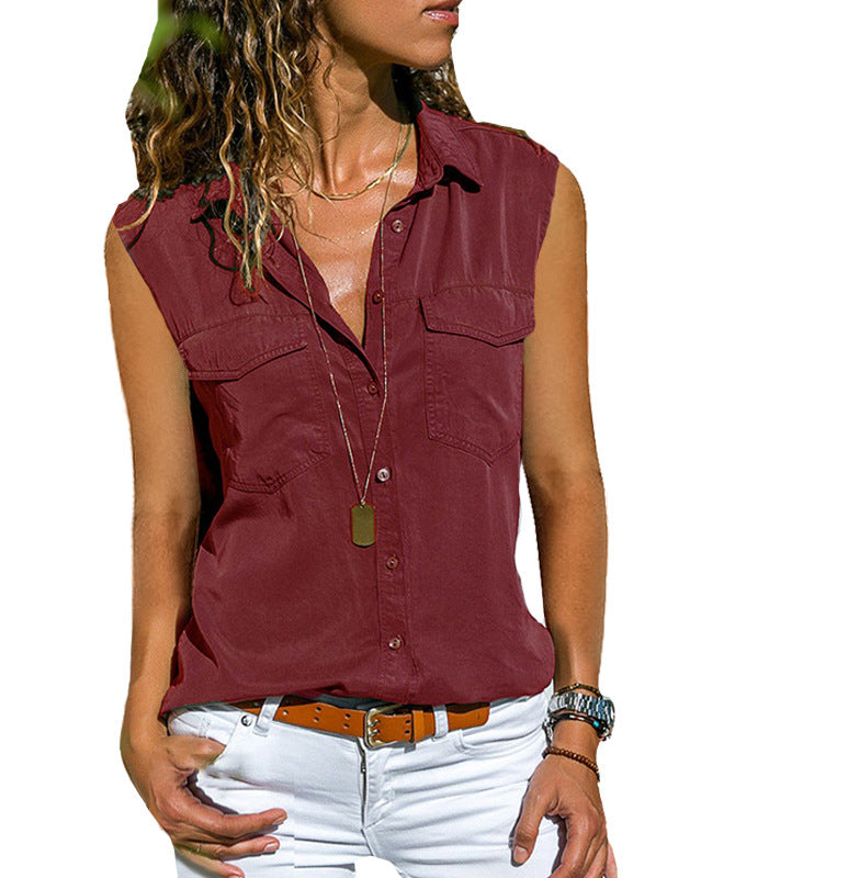 Ladies Top Lapel Solid Color Sleeveless Shirt
