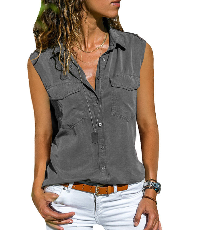 Ladies Top Lapel Solid Color Sleeveless Shirt