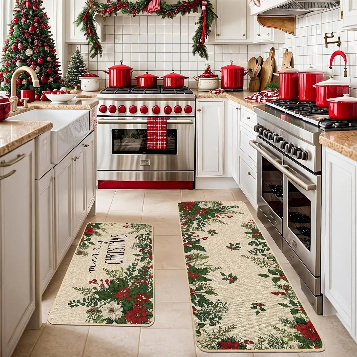 VIKAMA 2-Piece Christmas Festival Rug Set Kitchen Mat Combo, Entrance Hall Doormat Stain-Resistant and Easy-Care Home Decor