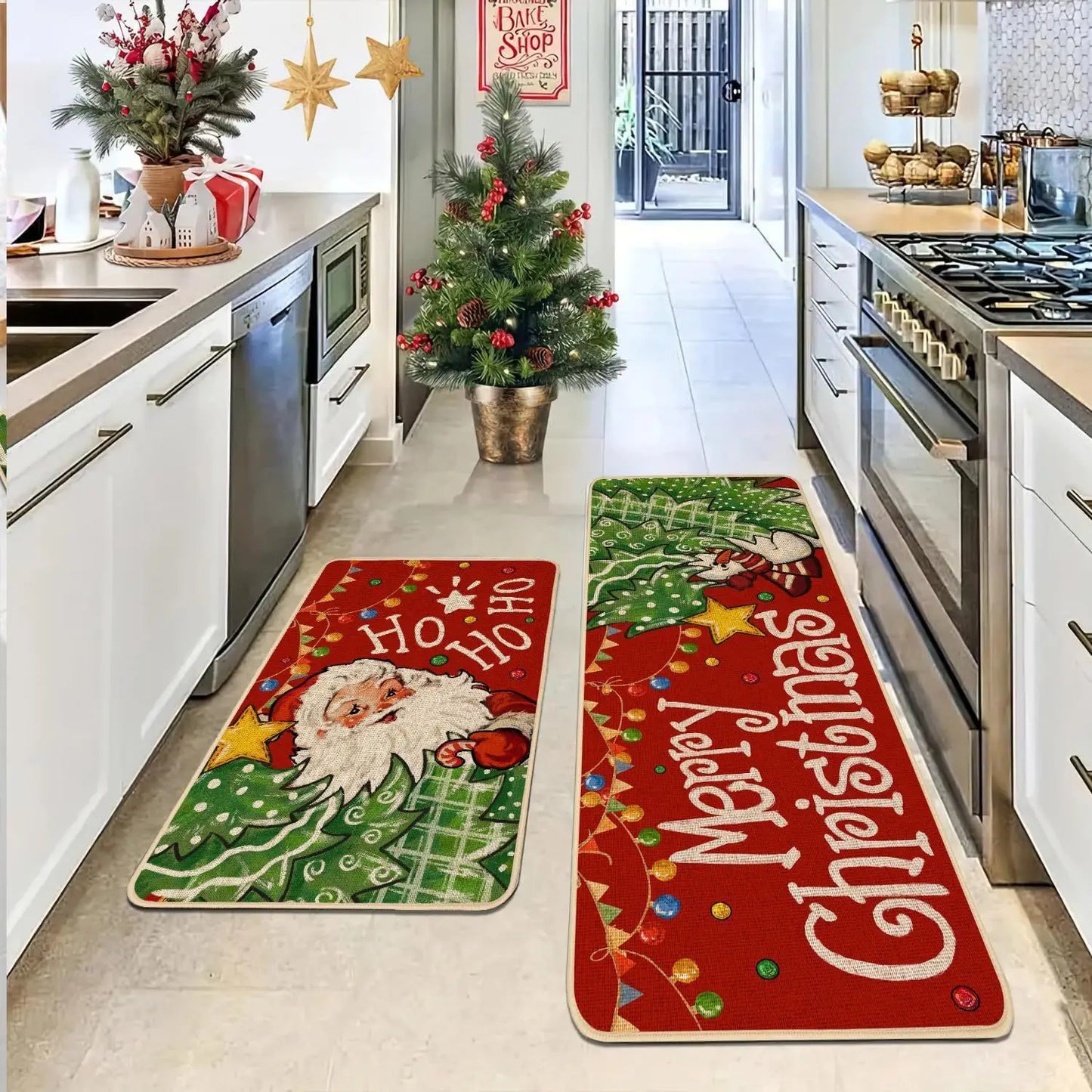 VIKAMA 2-Piece Christmas Festival Rug Set Kitchen Mat Combo, Entrance Hall Doormat Stain-Resistant and Easy-Care Home Decor