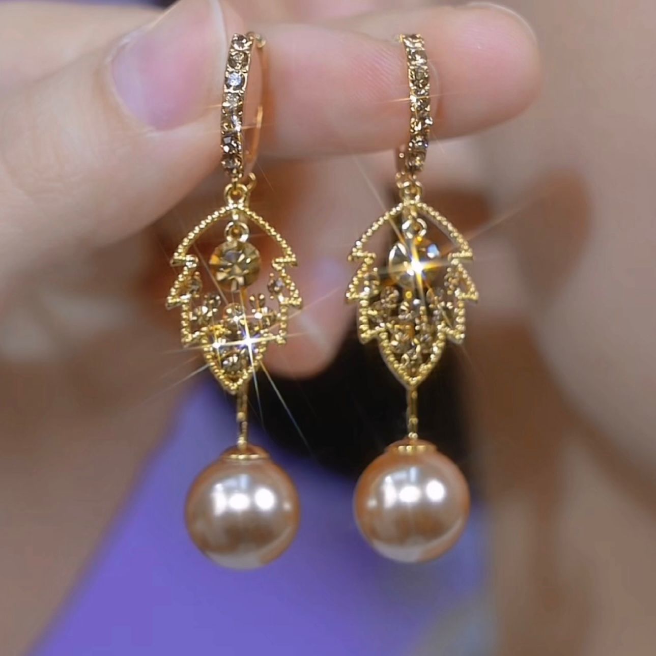 French Entry Lux High-grade Coffee Color Full Diamond Leaf Pearl Earrings