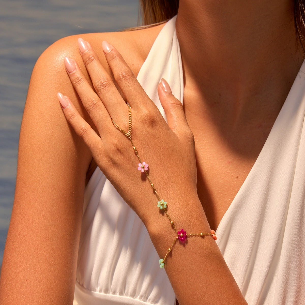 Beaded Flower Finger Ring Stainless Steel Bracelet Real Gold Electroplated Bracelet