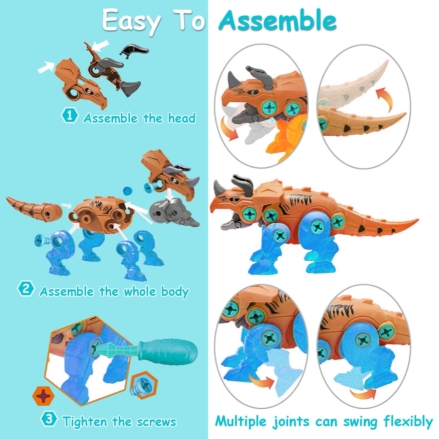 1Set Take Apart Dinosaur Toys DIY Dinosaur Construction Building Block Assembly Toys With Electric Drill For Kids 3-7 Year Old Learning Educational Gift Christmas Gift