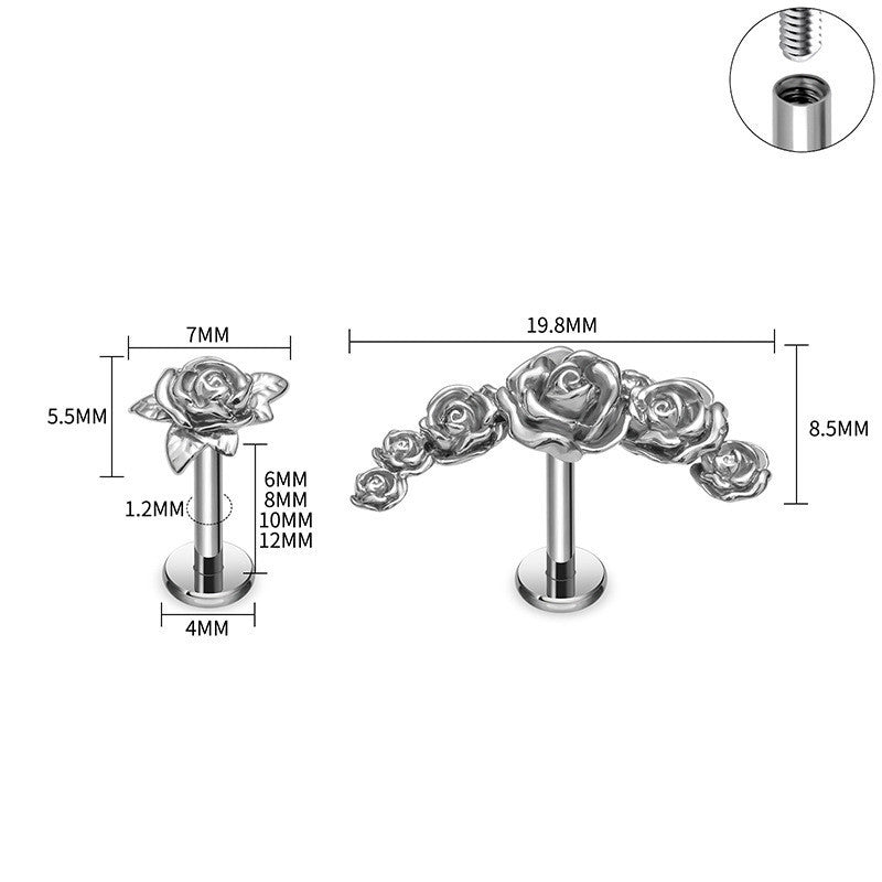 G23 Titanium Alloy Tongue Pin Thread Personality Rose Ear Bone Stud