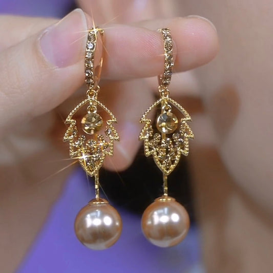 French Entry Lux High-grade Coffee Color Full Diamond Leaf Pearl Earrings