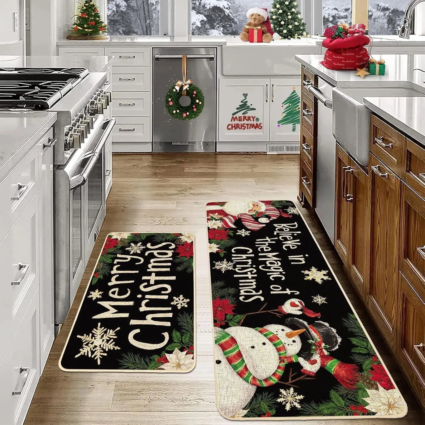 VIKAMA 2-Piece Christmas Festival Rug Set Kitchen Mat Combo, Entrance Hall Doormat Stain-Resistant and Easy-Care Home Decor