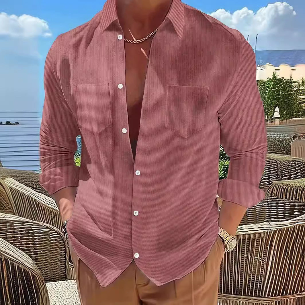 Vertical Striped Shirt Long-sleeve Solid Color Casual