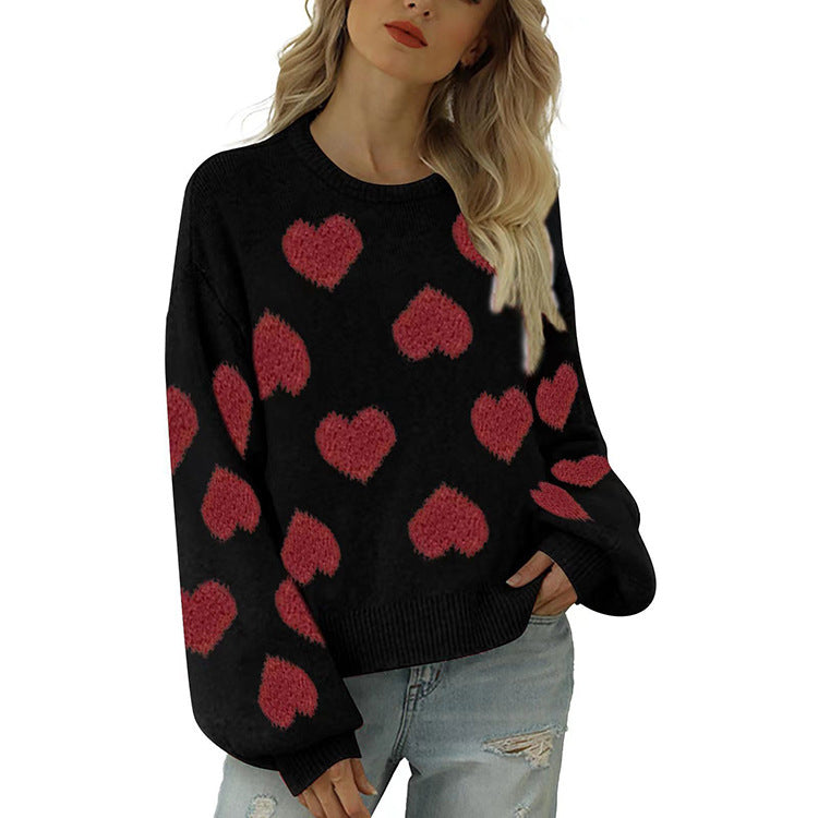 Loose Sweet Loving Heart Jacquard Pullover Sweater