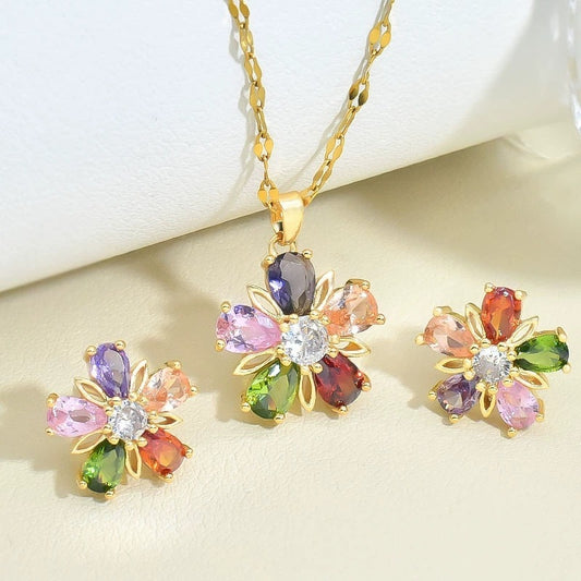 Gold Colorful Crystals Five-petal Flower Ear Stud Necklace Women
