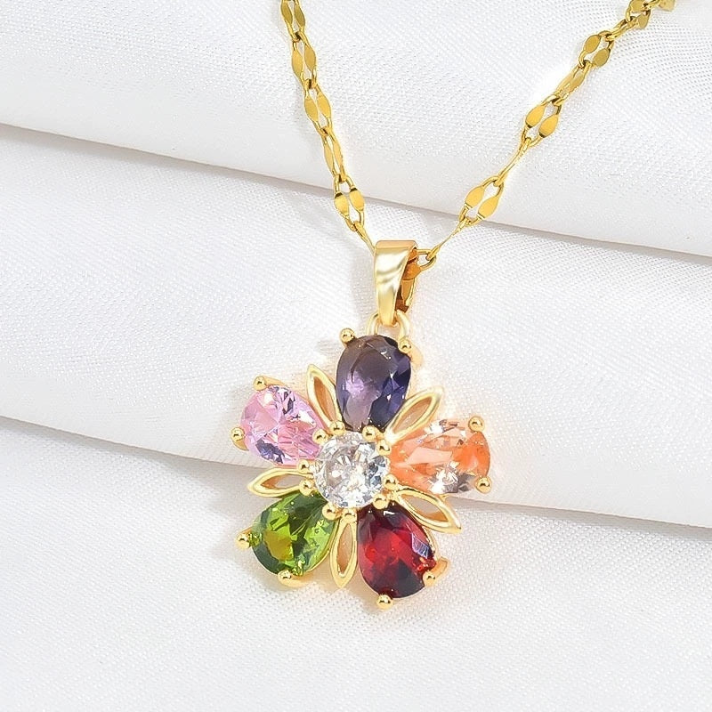 Gold Colorful Crystals Five-petal Flower Ear Stud Necklace Women