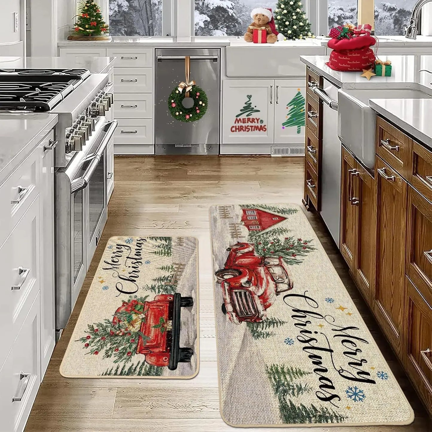VIKAMA 2-Piece Christmas Festival Rug Set Kitchen Mat Combo, Entrance Hall Doormat Stain-Resistant and Easy-Care Home Decor