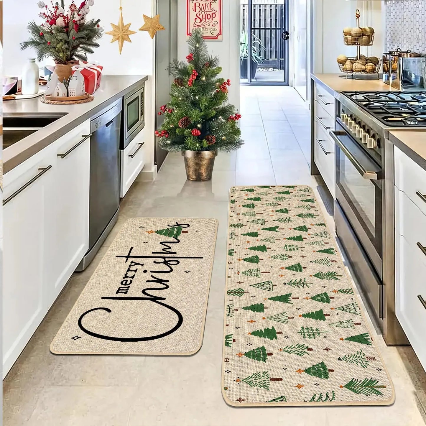 VIKAMA 2-Piece Christmas Festival Rug Set Kitchen Mat Combo, Entrance Hall Doormat Stain-Resistant and Easy-Care Home Decor