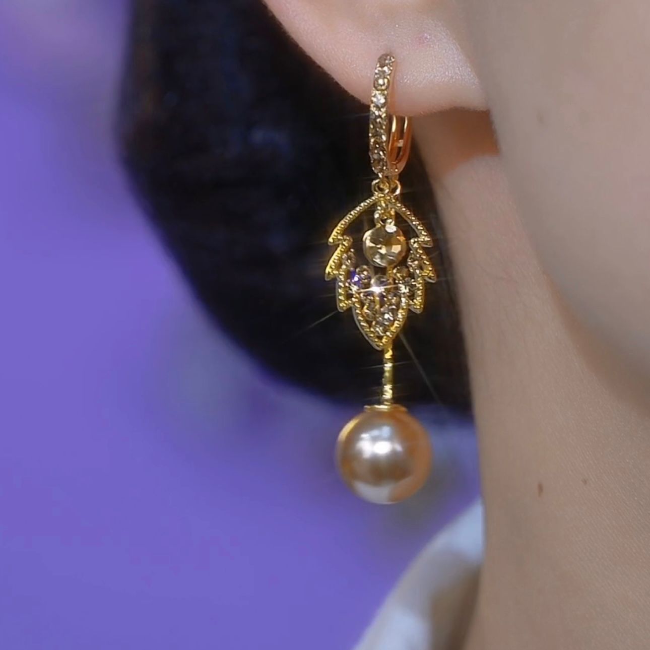 French Entry Lux High-grade Coffee Color Full Diamond Leaf Pearl Earrings