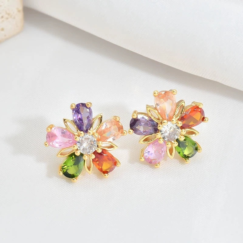Gold Colorful Crystals Five-petal Flower Ear Stud Necklace Women