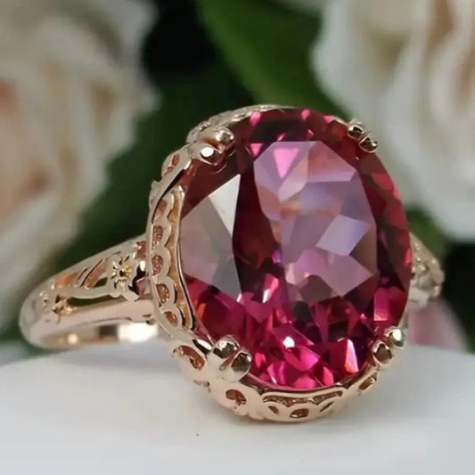 Court Retro Style Rose Red Zircon Ring Plated High-grade Creative