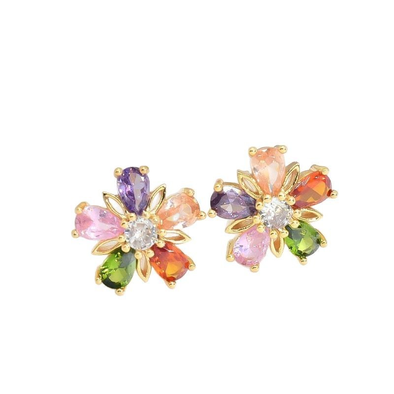 Gold Colorful Crystals Five-petal Flower Ear Stud Necklace Women