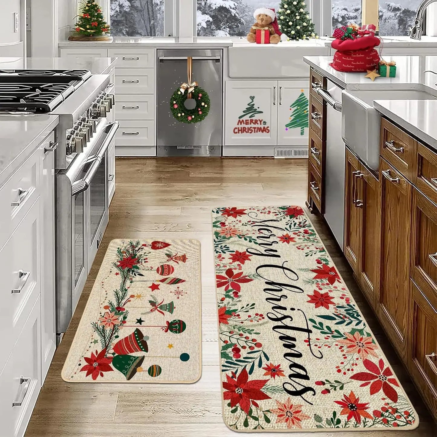 VIKAMA 2-Piece Christmas Festival Rug Set Kitchen Mat Combo, Entrance Hall Doormat Stain-Resistant and Easy-Care Home Decor