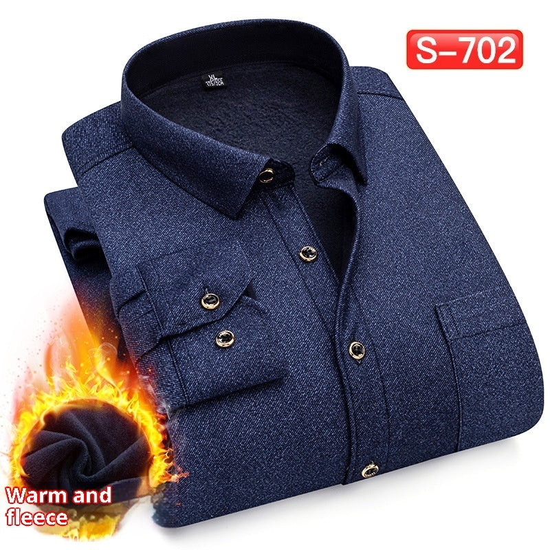Autumn And Winter Warm Shirt Men's Long Sleeve Middle-aged Fleece Lined Padded Shirt