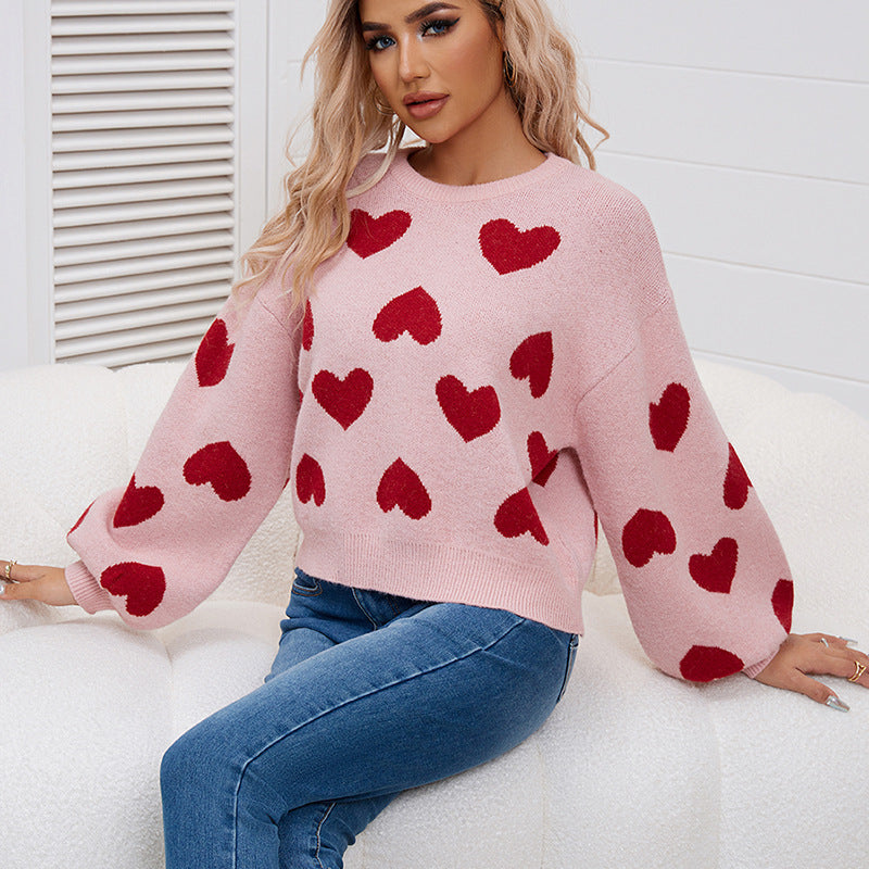 Loose Sweet Loving Heart Jacquard Pullover Sweater