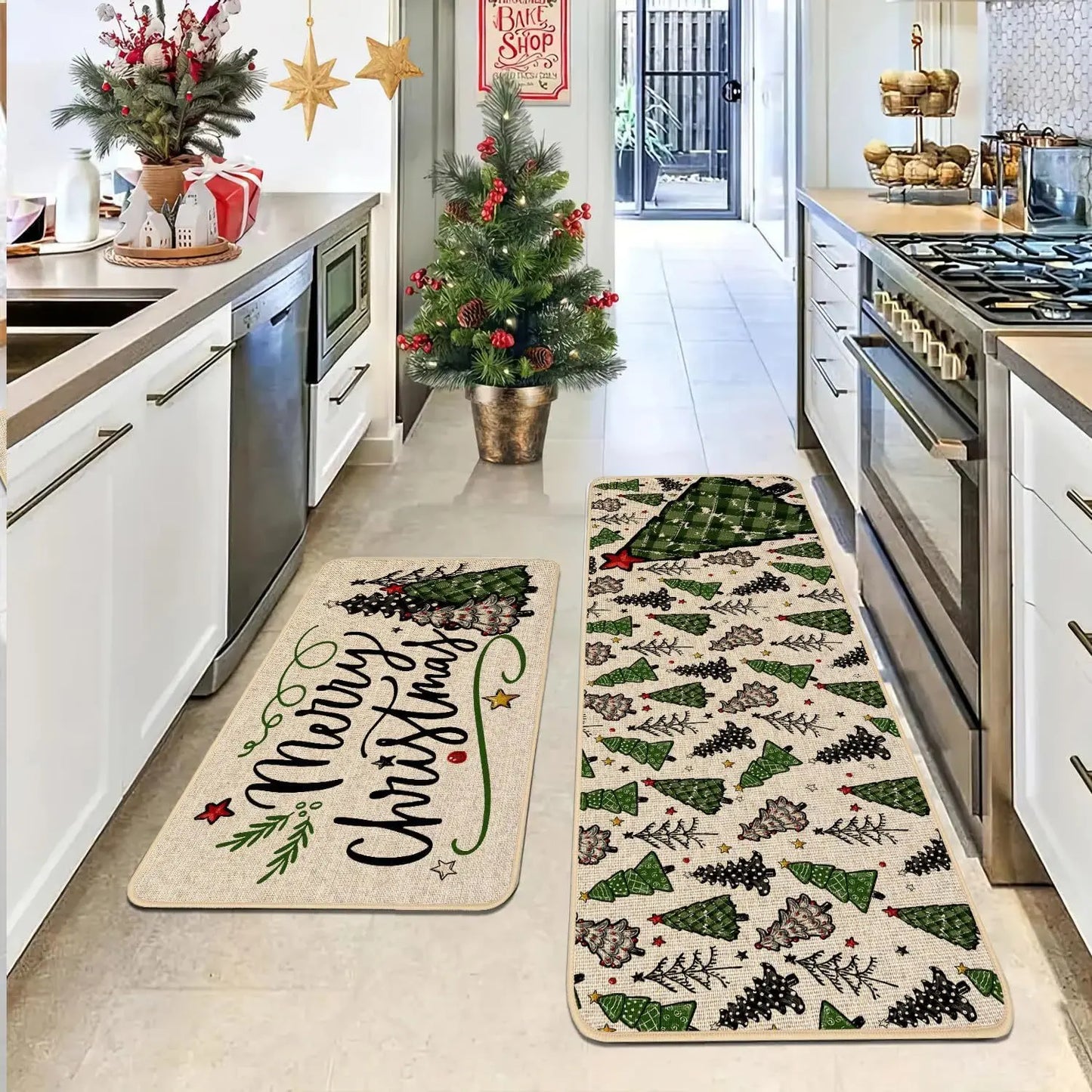 VIKAMA 2-Piece Christmas Festival Rug Set Kitchen Mat Combo, Entrance Hall Doormat Stain-Resistant and Easy-Care Home Decor