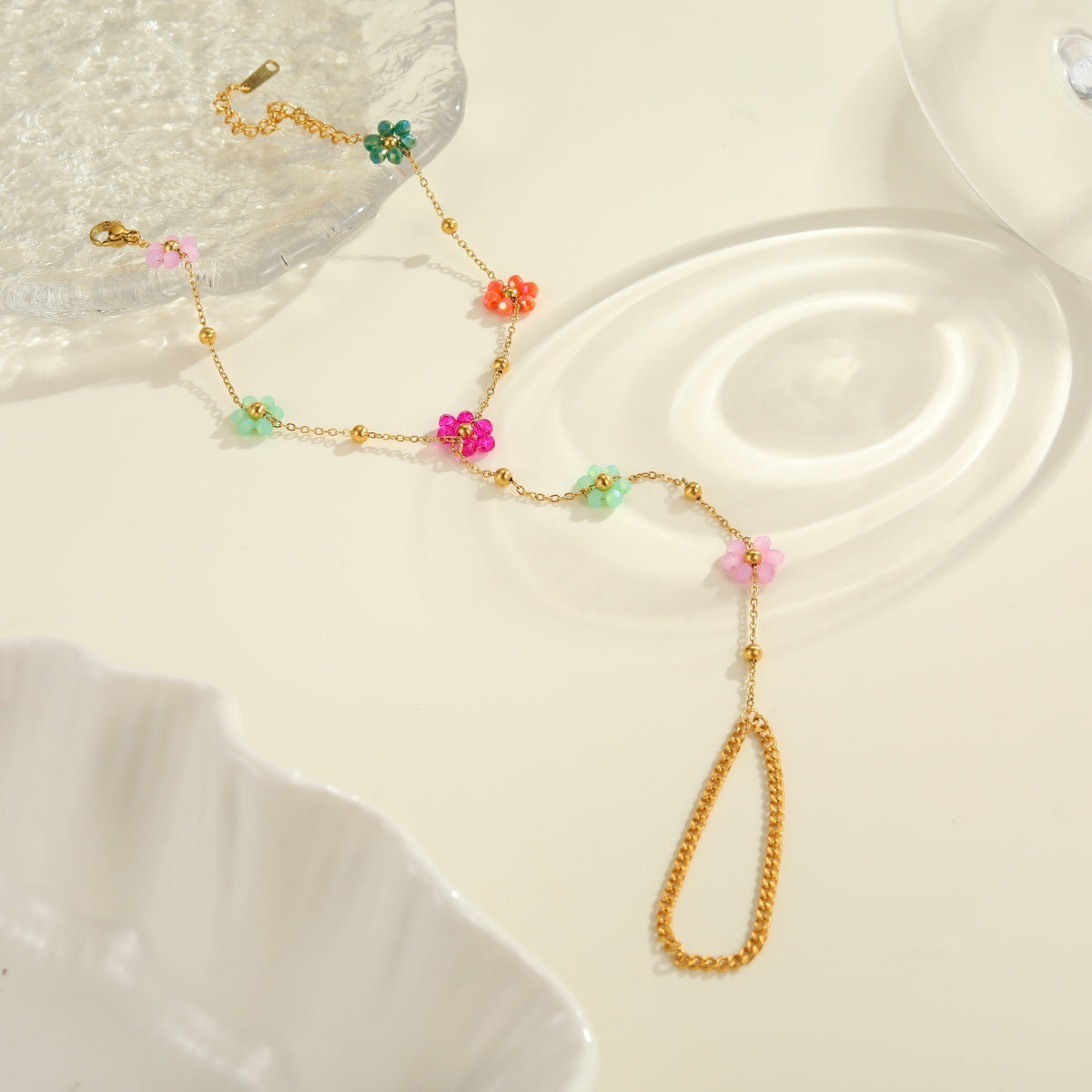 Beaded Flower Finger Ring Stainless Steel Bracelet Real Gold Electroplated Bracelet