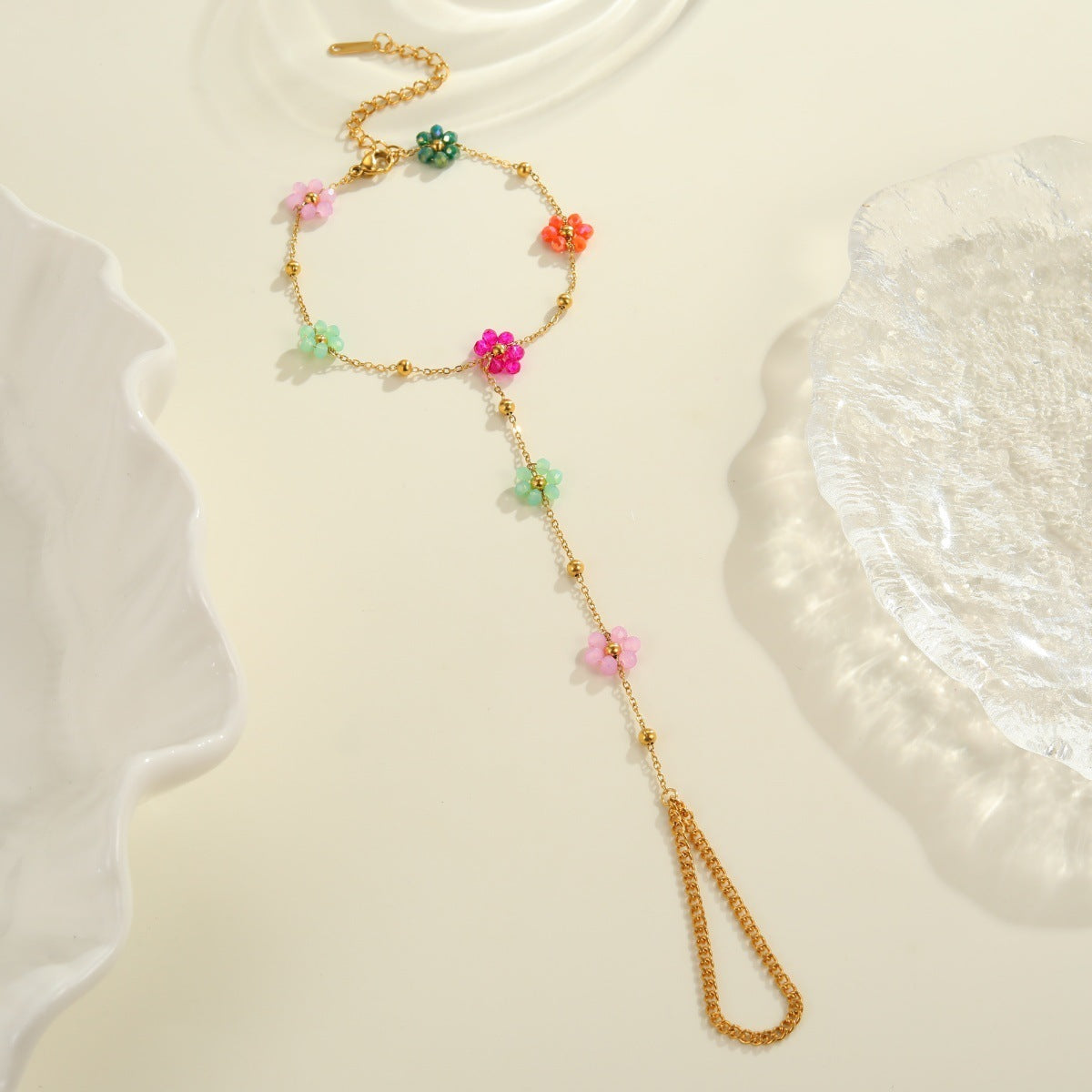 Beaded Flower Finger Ring Stainless Steel Bracelet Real Gold Electroplated Bracelet