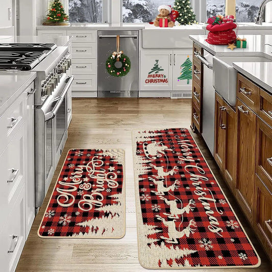 VIKAMA 2-Piece Christmas Festival Rug Set Kitchen Mat Combo, Entrance Hall Doormat Stain-Resistant and Easy-Care Home Decor