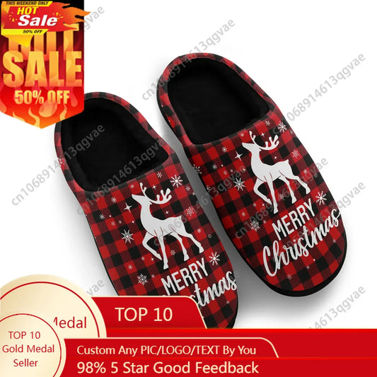 Christmas Deer Buffalo Plaid Home Cotton Slippers Mens Womens Teenager Plush Bedroom Casual Keep Warm Shoes Tailor Made Slipper
