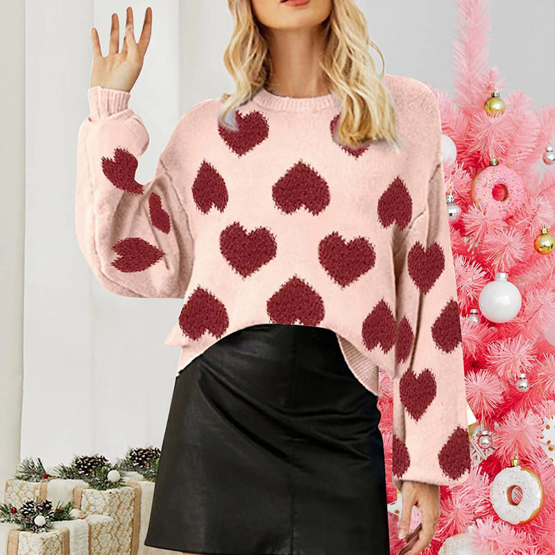 Loose Sweet Loving Heart Jacquard Pullover Sweater