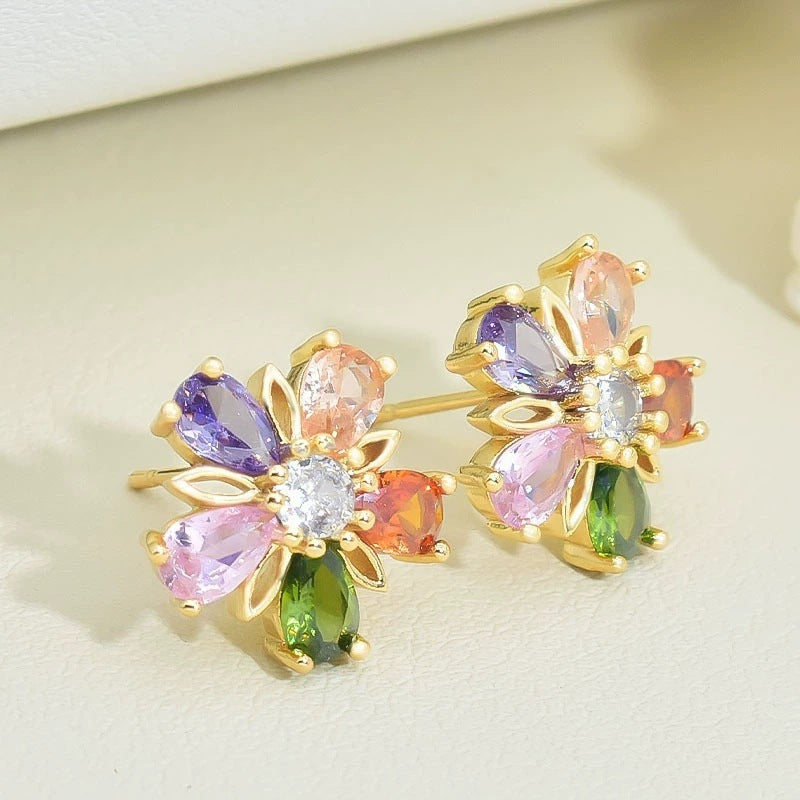 Gold Colorful Crystals Five-petal Flower Ear Stud Necklace Women