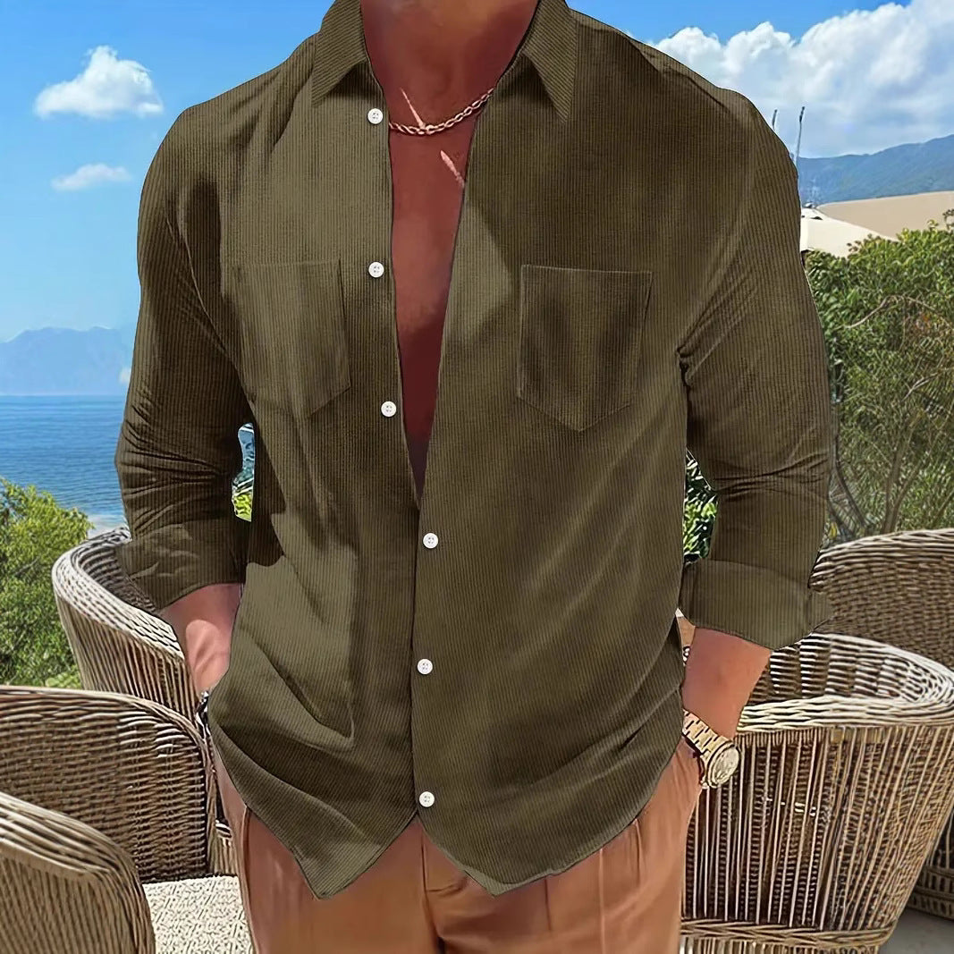 Vertical Striped Shirt Long-sleeve Solid Color Casual