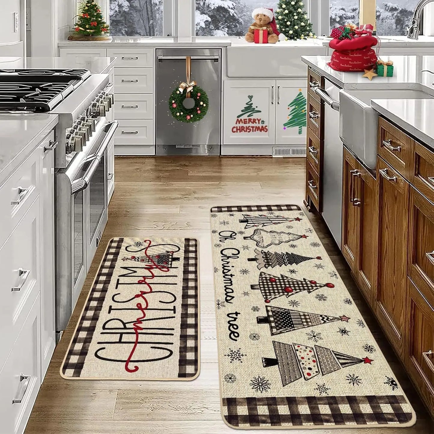 VIKAMA 2-Piece Christmas Festival Rug Set Kitchen Mat Combo, Entrance Hall Doormat Stain-Resistant and Easy-Care Home Decor