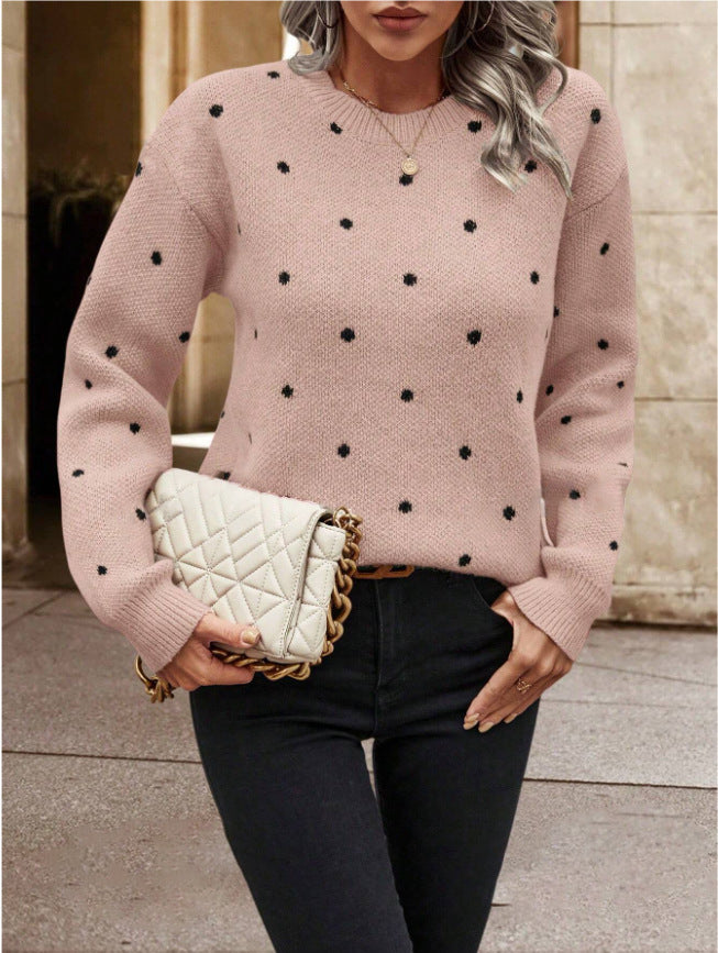Ins Polka Dot Print Pullover Sweater Fashion Casual Long-sleeved Jacquard Knitted Top Winter Round Neck Clothing For Women