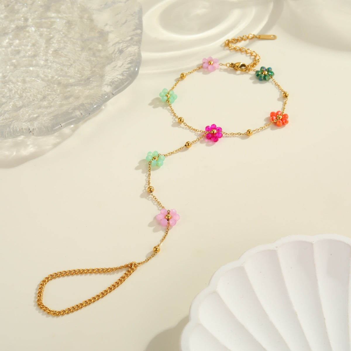 Beaded Flower Finger Ring Stainless Steel Bracelet Real Gold Electroplated Bracelet