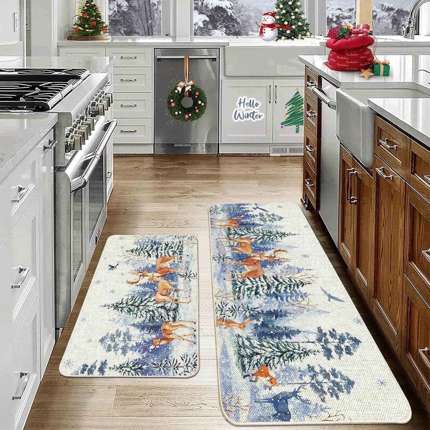 VIKAMA 2-Piece Christmas Festival Rug Set Kitchen Mat Combo, Entrance Hall Doormat Stain-Resistant and Easy-Care Home Decor