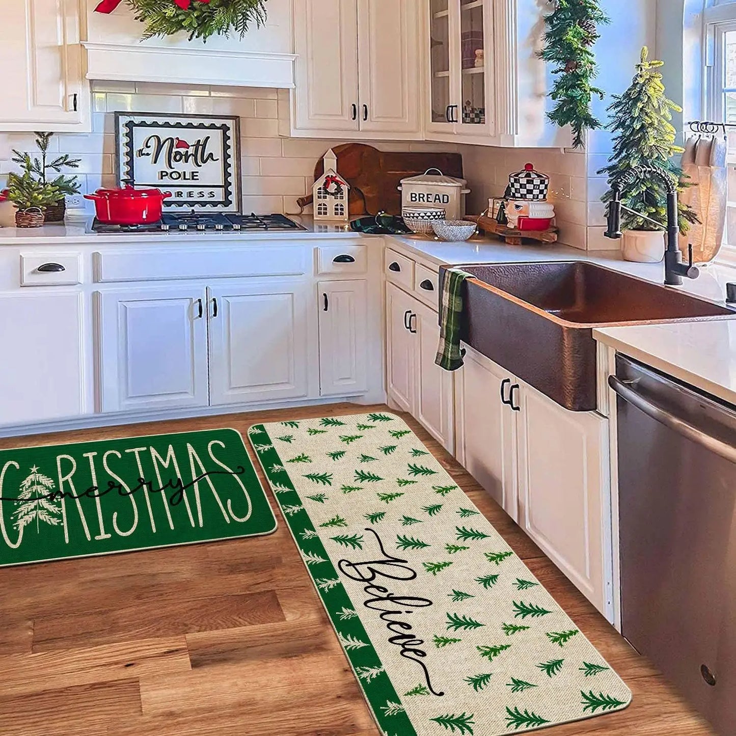 VIKAMA 2-Piece Christmas Festival Rug Set Kitchen Mat Combo, Entrance Hall Doormat Stain-Resistant and Easy-Care Home Decor
