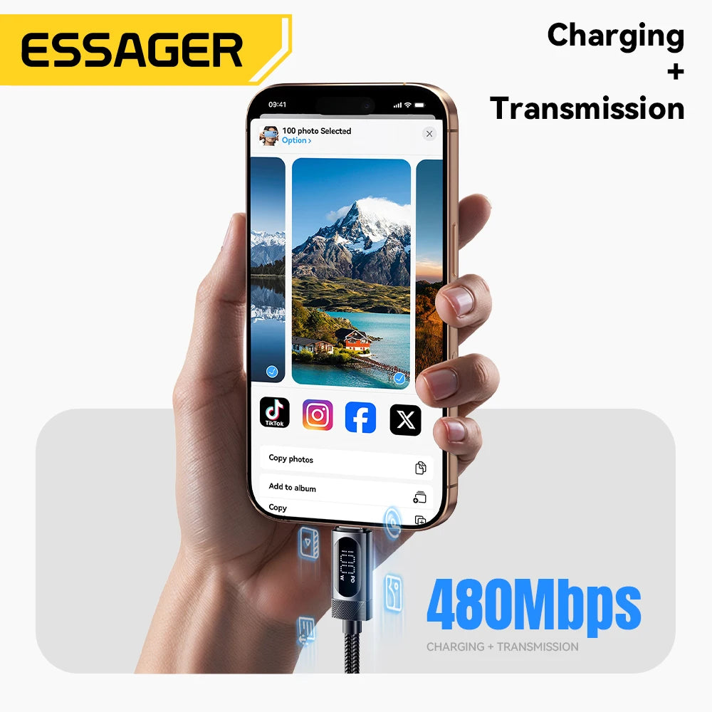 2m Essager Digital Dispaly USB C Cable For iPhone 16 Xiaomi Huawei 100W PD Fast Charging For Macbook iPad Type C to Type C Cable