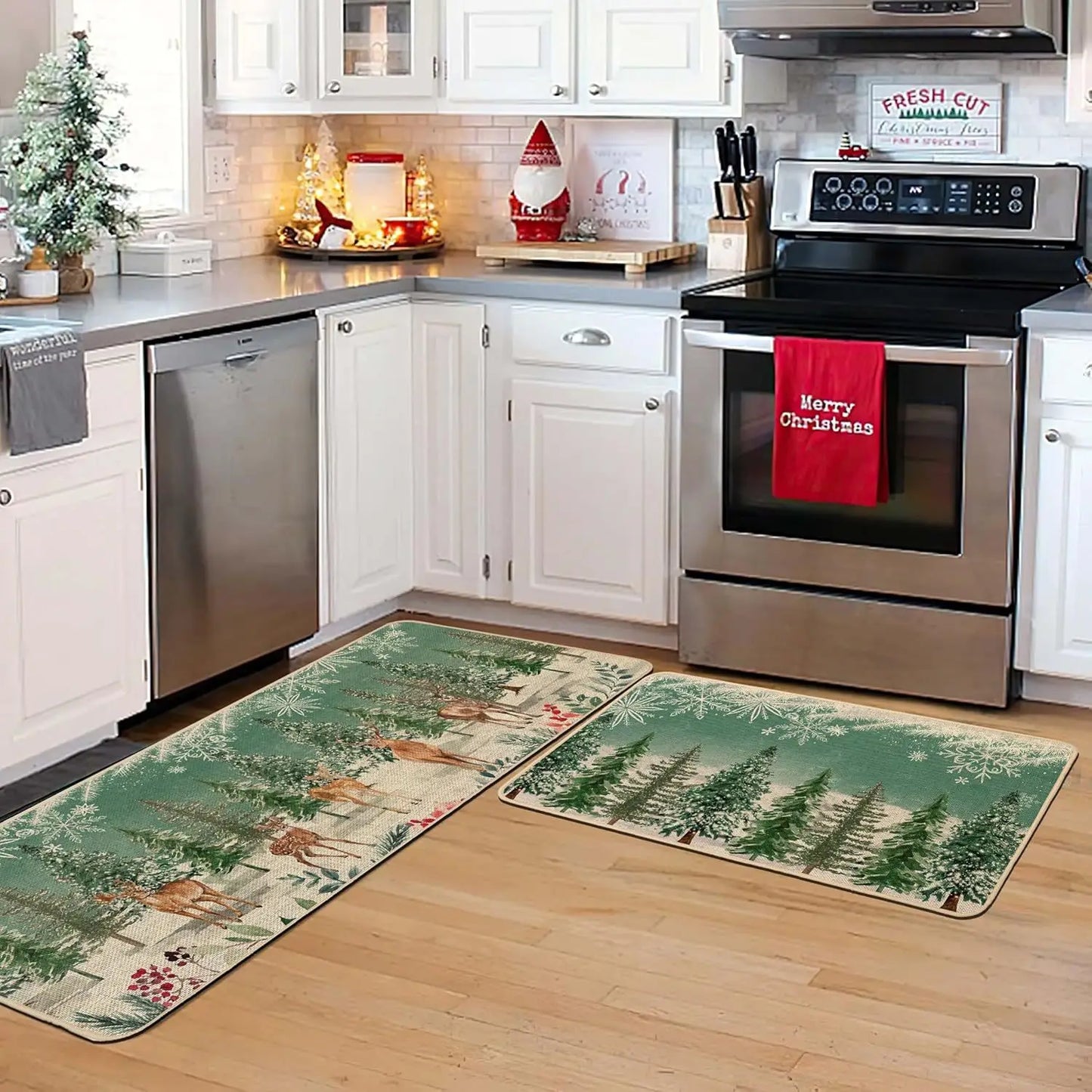 VIKAMA 2-Piece Christmas Festival Rug Set Kitchen Mat Combo, Entrance Hall Doormat Stain-Resistant and Easy-Care Home Decor