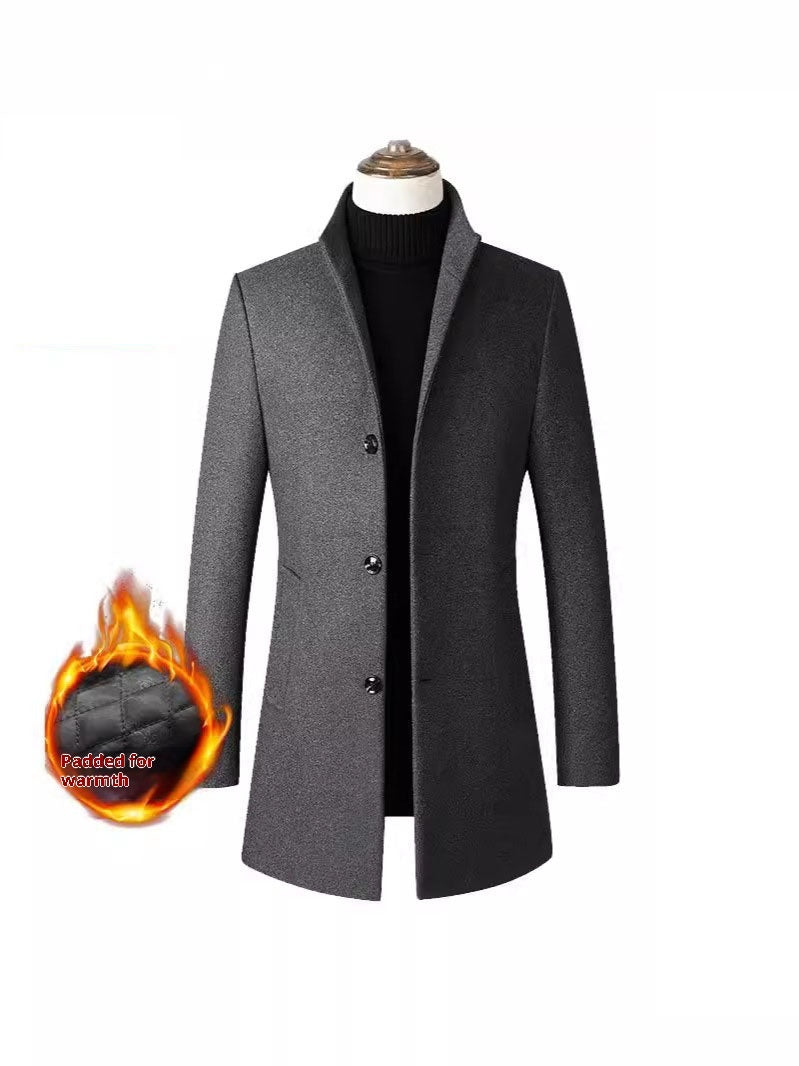 European And American Single-breasted Stand Collar Coat Cotton Padded Men's Trench Coat Woolen Coat