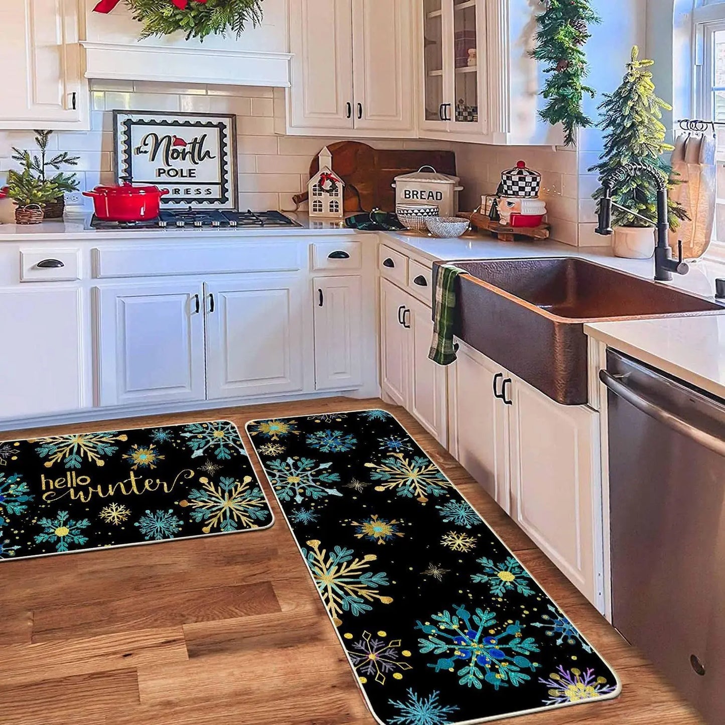 VIKAMA 2-Piece Christmas Festival Rug Set Kitchen Mat Combo, Entrance Hall Doormat Stain-Resistant and Easy-Care Home Decor