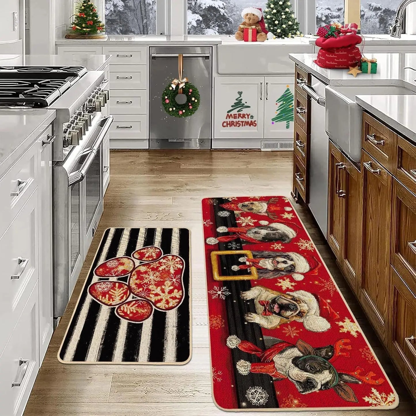 VIKAMA 2-Piece Christmas Festival Rug Set Kitchen Mat Combo, Entrance Hall Doormat Stain-Resistant and Easy-Care Home Decor