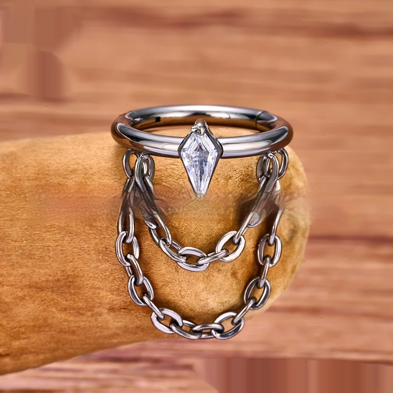 Titanium Alloy Inlaid Zircon Hanging Double Chain Ear Studs