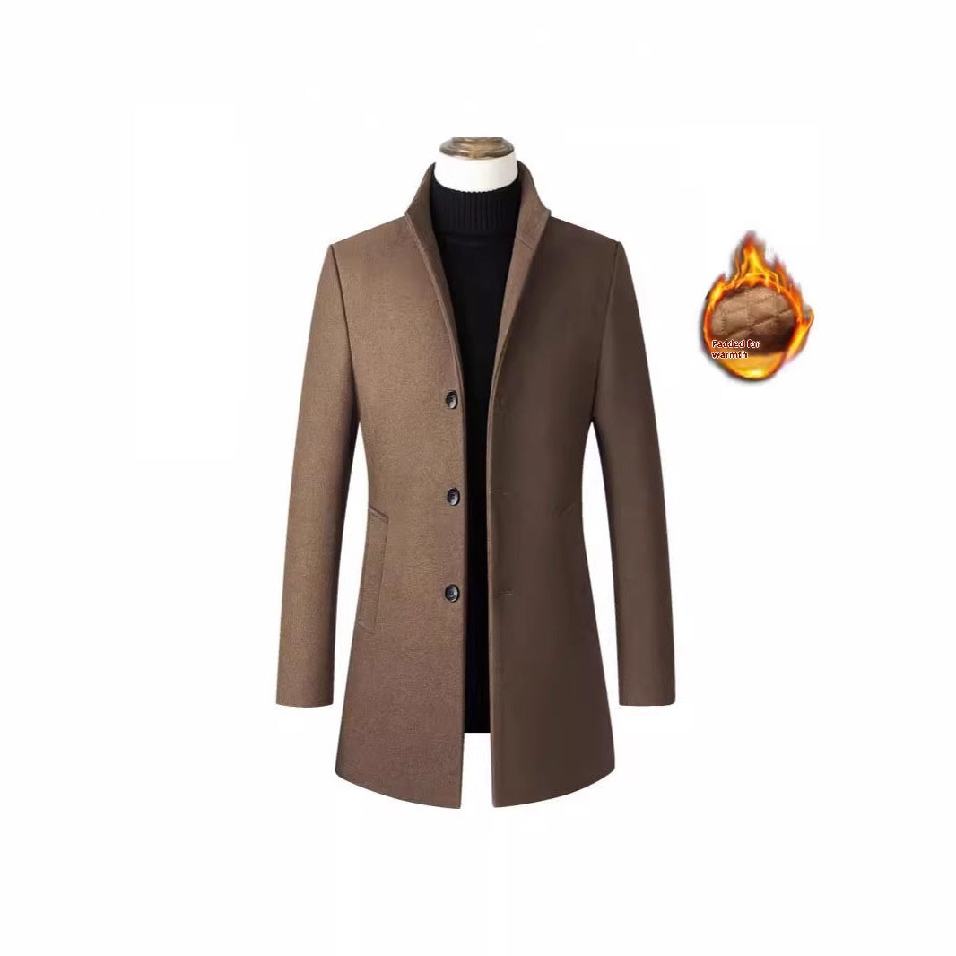 European And American Single-breasted Stand Collar Coat Cotton Padded Men's Trench Coat Woolen Coat