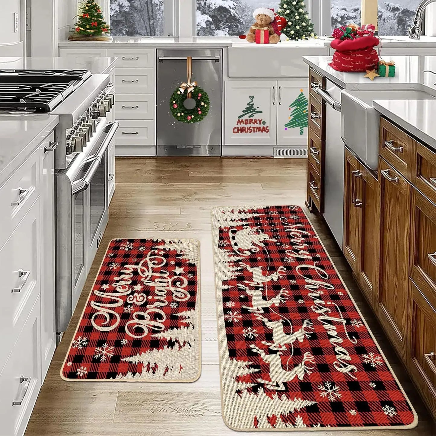 VIKAMA 2-Piece Christmas Festival Rug Set Kitchen Mat Combo, Entrance Hall Doormat Stain-Resistant and Easy-Care Home Decor