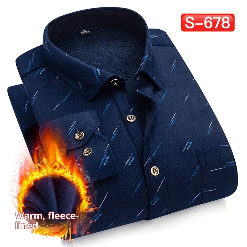 Autumn And Winter Warm Shirt Men's Long Sleeve Middle-aged Fleece Lined Padded Shirt