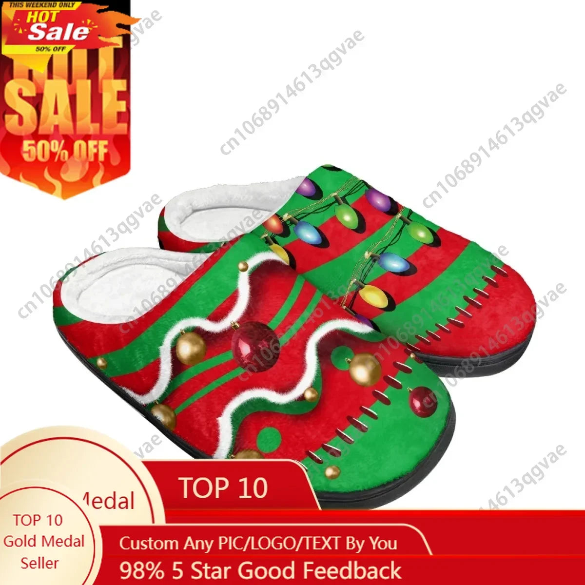 Christmas Green Tree Christmas Balls Pattern Home Cotton Slippers Mens Womens Teenager Plush Bedroom Keep Warm Custom Slipper