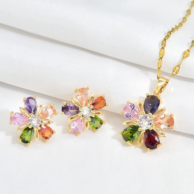 Gold Colorful Crystals Five-petal Flower Ear Stud Necklace Women