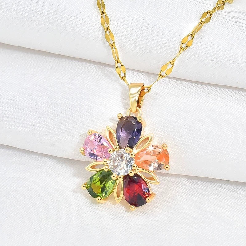 Gold Colorful Crystals Five-petal Flower Ear Stud Necklace Women