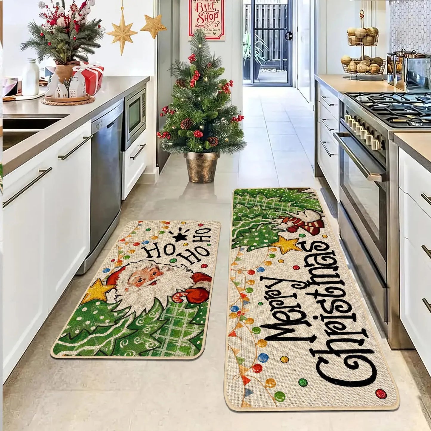 VIKAMA 2-Piece Christmas Festival Rug Set Kitchen Mat Combo, Entrance Hall Doormat Stain-Resistant and Easy-Care Home Decor