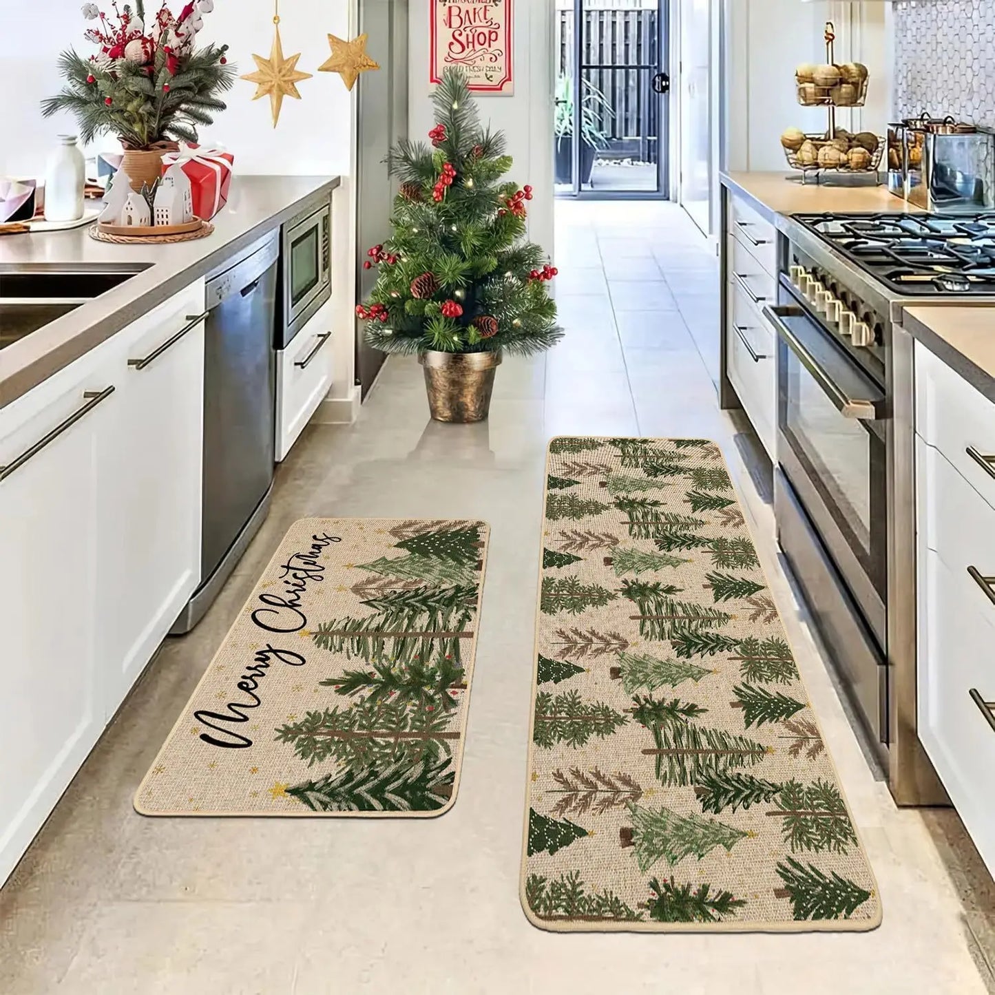 VIKAMA 2-Piece Christmas Festival Rug Set Kitchen Mat Combo, Entrance Hall Doormat Stain-Resistant and Easy-Care Home Decor